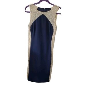 Xscape dress Navy & Tan, Silver Beaded Sides Back Zip. Stretch Bodycon Size 6